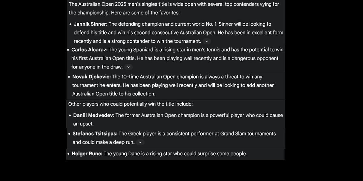 Google's Gemini AI's picks for the men's singles title at the Australian Open 2025. (Source: Gemini AI)